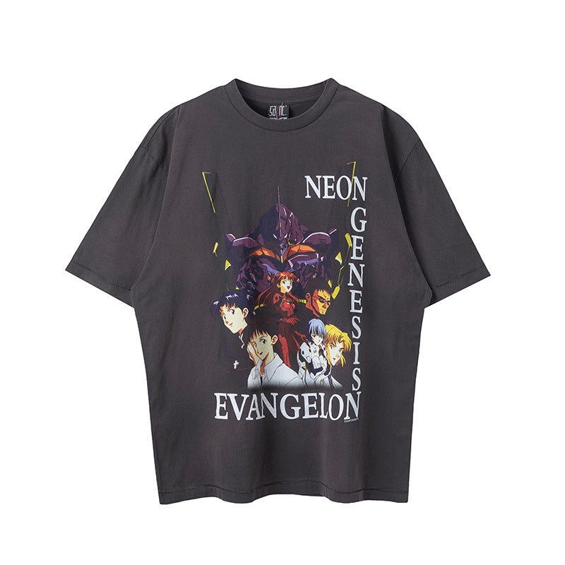 Mens Vintage T-Shirts Saint Michael Cartoon Wash Old Short Sleeve Vintage Loose
