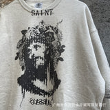 Jesus Is King Sweater Saintmichael Vintage Graffiti Destroyed Loose round Neck American Fog Sweater Men