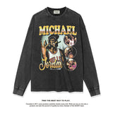 Nba Long Sleeve Shirt Autumn and Winter American Vintage Printed Long Sleeve T-shirt Retro Loose Washed-out