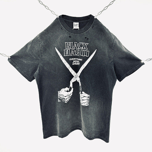 Men Vintage T-Shirts Saint Black Flag "Scissors" Washed Distressed T-Shirts