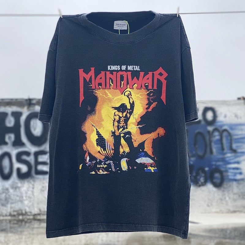 Men Vintage T-Shirts vintage Guitar Rock Band Short Sleeve Wash Old Loose