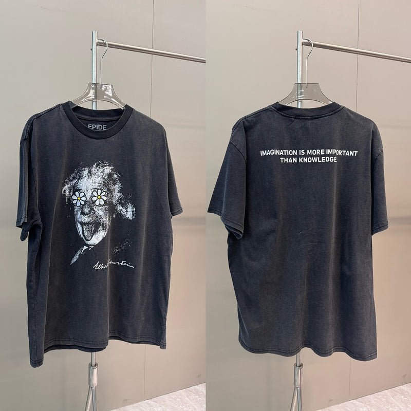 Men Vintage T-Shirts Funny Einstein Acid Washed Tee