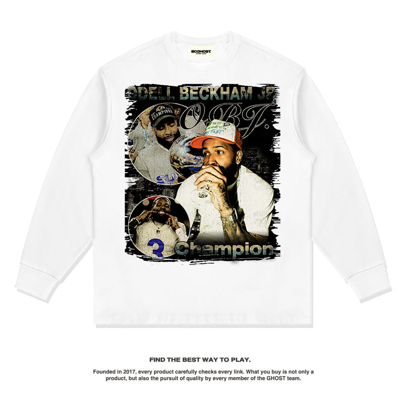 Nba Long Sleeve Shirt Obj American Street Vintage Printed Long Sleeve T-shirt Retro Loose Cotton