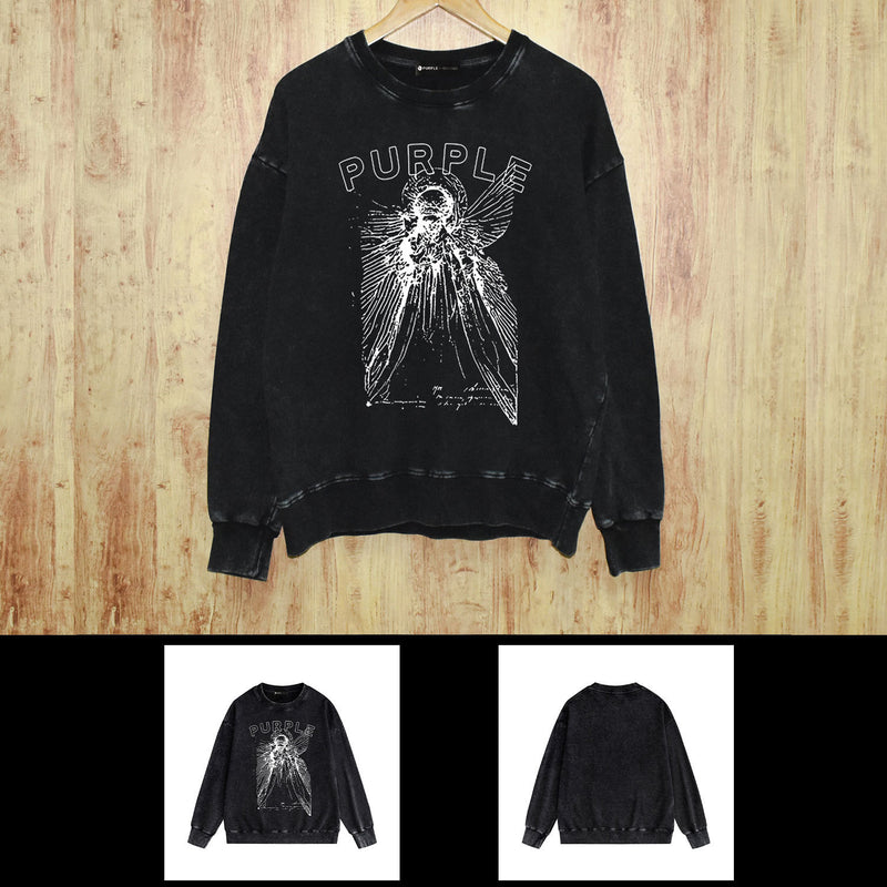 Purple Brand Distressed Sweatshirt Fashion Washed Black Long Sleeves Top