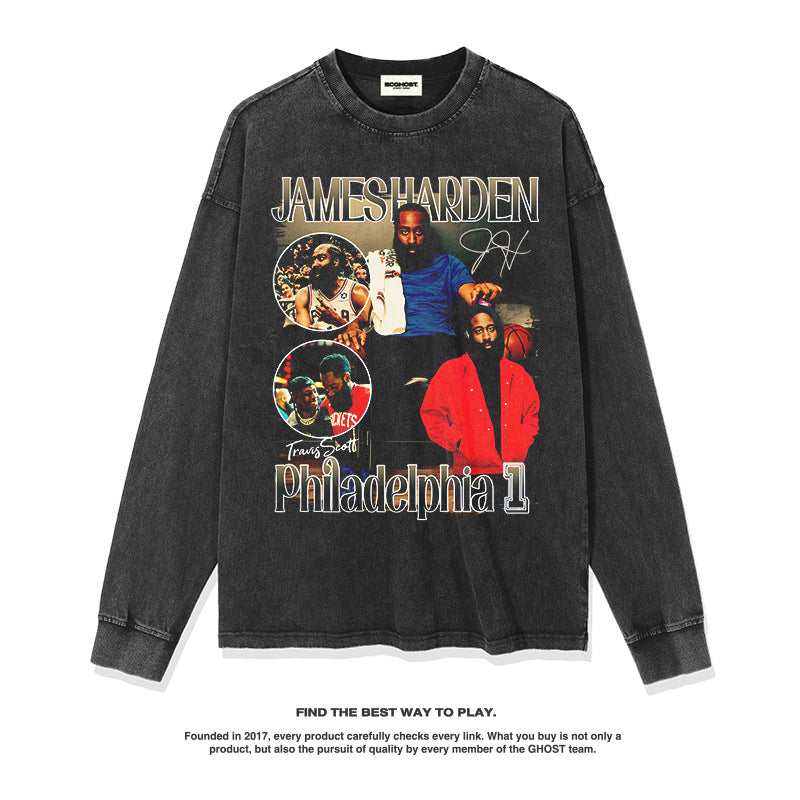 Nba Long Sleeve Shirt Loose Cotton Washed Long Sleeve T-shirt Men's and Women's Tops
