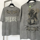 Men Vintage T-Shirts vintage Bieber Tour Rock Ghost Short Sleeve Wash Old