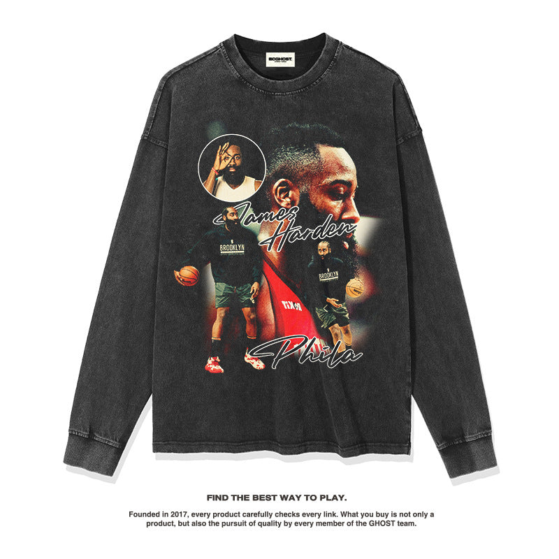 Nba Long Sleeve Shirt Autumn Winter Street Washed Distressed Long Sleeve T-shirt Men's and Women's Pure Cotton
