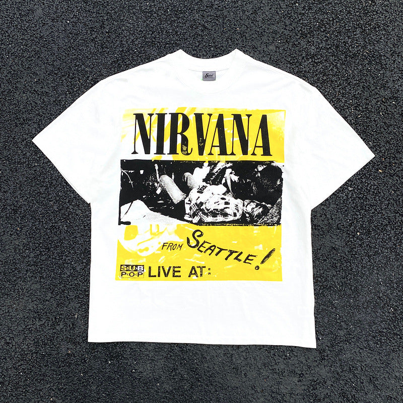 Men Vintage T-Shirts Vintage Cobain Nirvana Band Wash Old Short Sleeves Loose