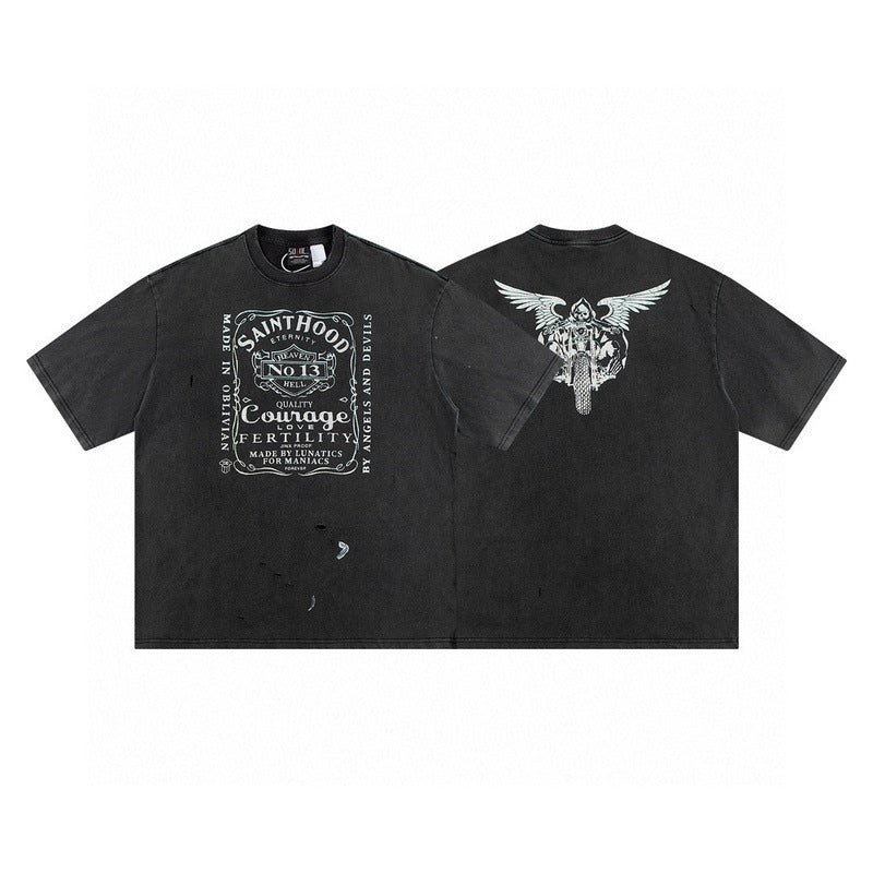 Men Vintage T-Shirts Vintage Skull Motorcycles Hand Wash Water Make Old Short Sleeve T-Shirts Street Casual