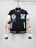 Off White Jacket Autumn/Winter OW Heavy Industry Embroidered Leather Down Cotton Baseball Jacket Jacket