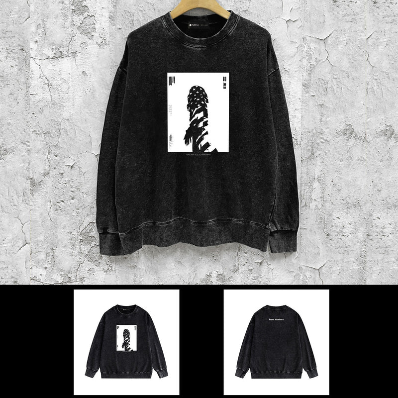 Purple Brand Distressed Sweatshirt Fashion Washed Black Long Sleeves Top
