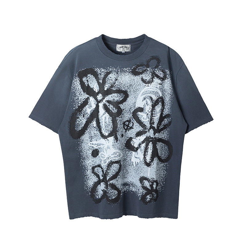 Men Vintage T-Shirts ssaint flower washed and old short-sleeved casual T-shirt