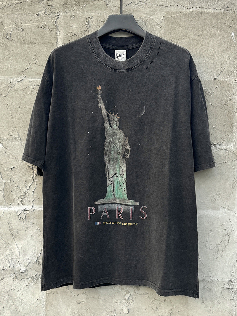 Men Vintage T-Shirts "Statue of Liberty" Washed Distressed T-Shirts