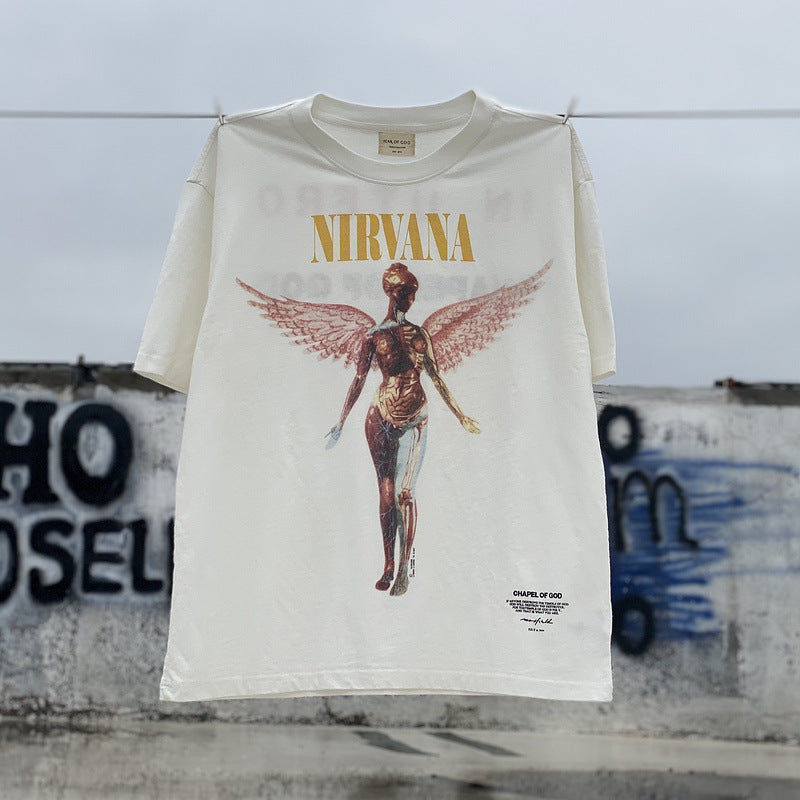 Mens Vintage T-Shirts vintage wash water do old short sleeves NIRVANA angel vintage loose