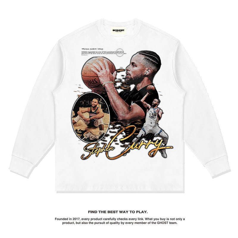 Nba Long Sleeved Shirt Autumn and Winter Curry Basketball Jersey Printed Long Sleeve T-shirt Washed Loose