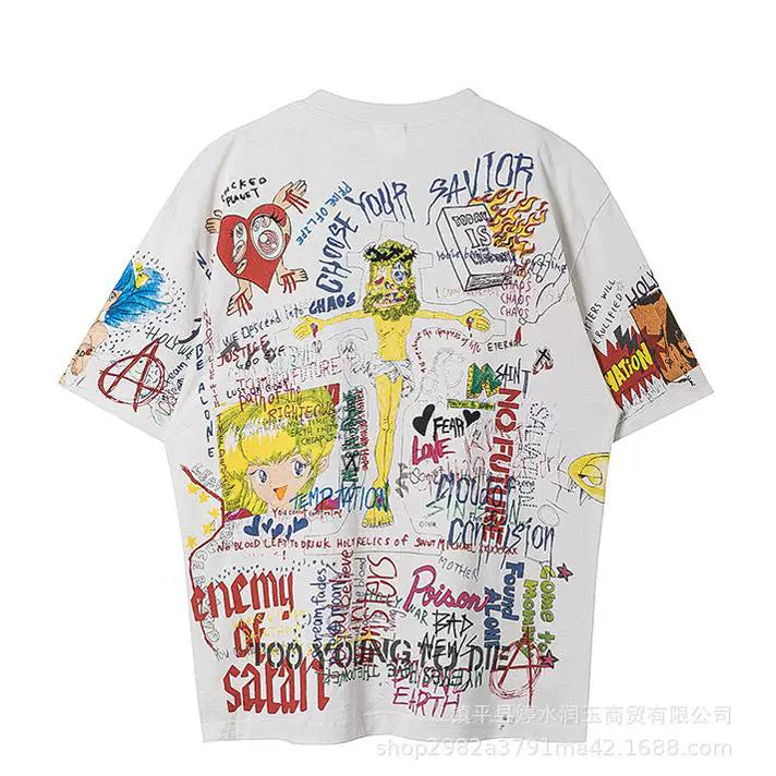 Men Vintage T-Shirts Vintage Washed Old Graffiti Loose Crew Neck Short Sleeves