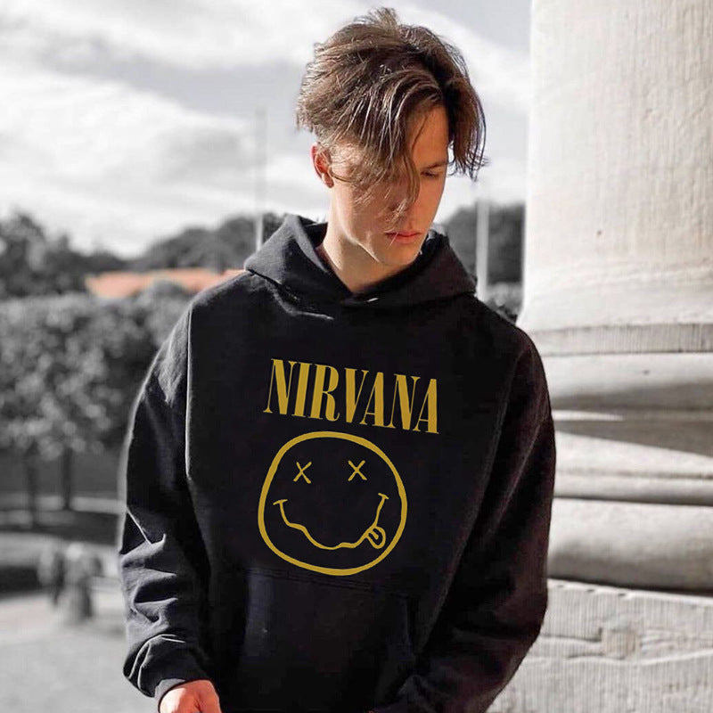Nirvana Hoodie Vintage Smiley Face Print Loose Couple Leisure Sports Fleece-Lined