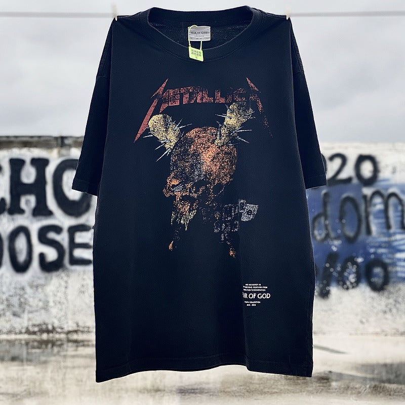 Mens Vintage T-Shirts Wash water do old short sleeve fog tour mace skull casual T-shirt