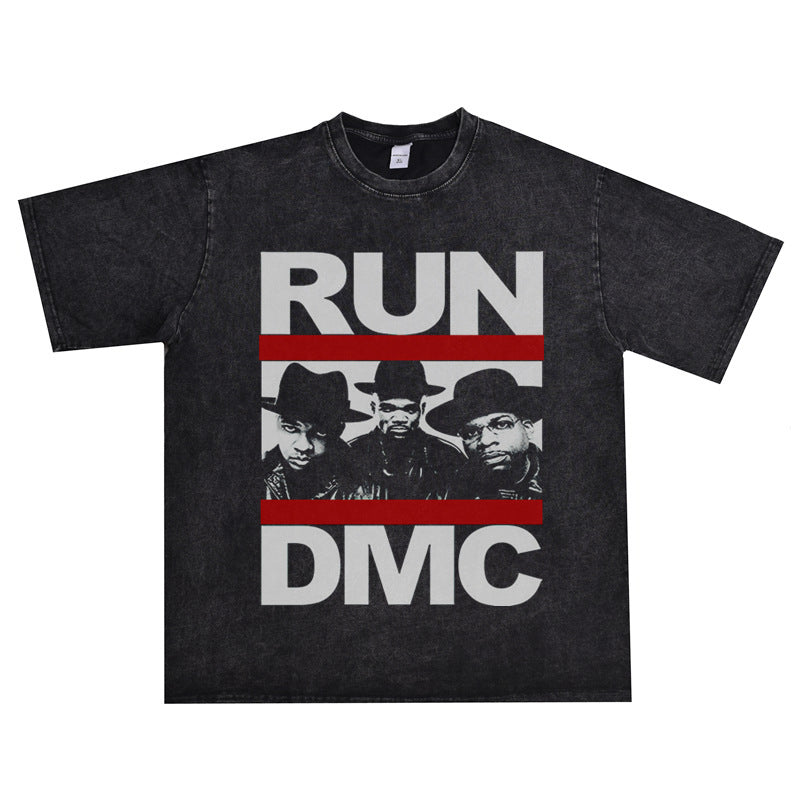 Rock Star T Shirt East Coast Hip Hop Rap Band Group Washed Distressed T-shirt Short Sleeve Men and Women Loose