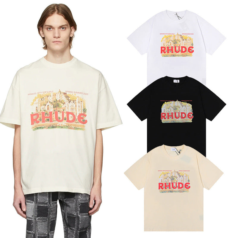 Rhude T Shirt Micro Label Castle Letter Logo Pattern Short Sleeve T-Shirt Loose
