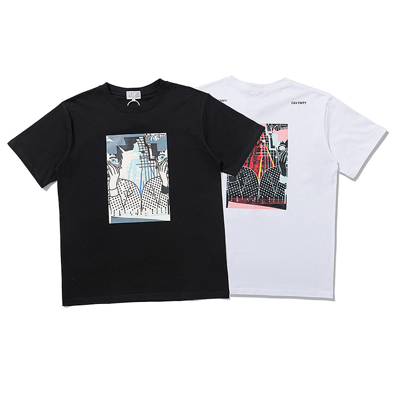 C.e t shirts character covering face front and back printing round neck pullover short sleeves