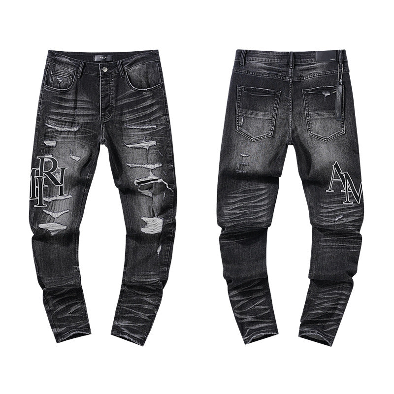 Amiri Jeans Spring and Autumn AMI Letter Ripped Straight Jeans Men and Women