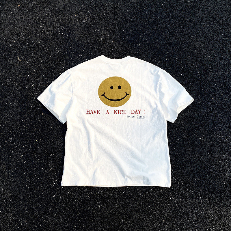 Men Vintage T-Shirts vintage Forrest Gump Have a nice day smiley face doing old washing water short sleeves