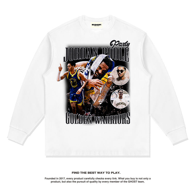 Nba Long Sleeve Shirt Loose Long Sleeve T-shirt Distressed Cotton Heavy round Neck Fashion Brand