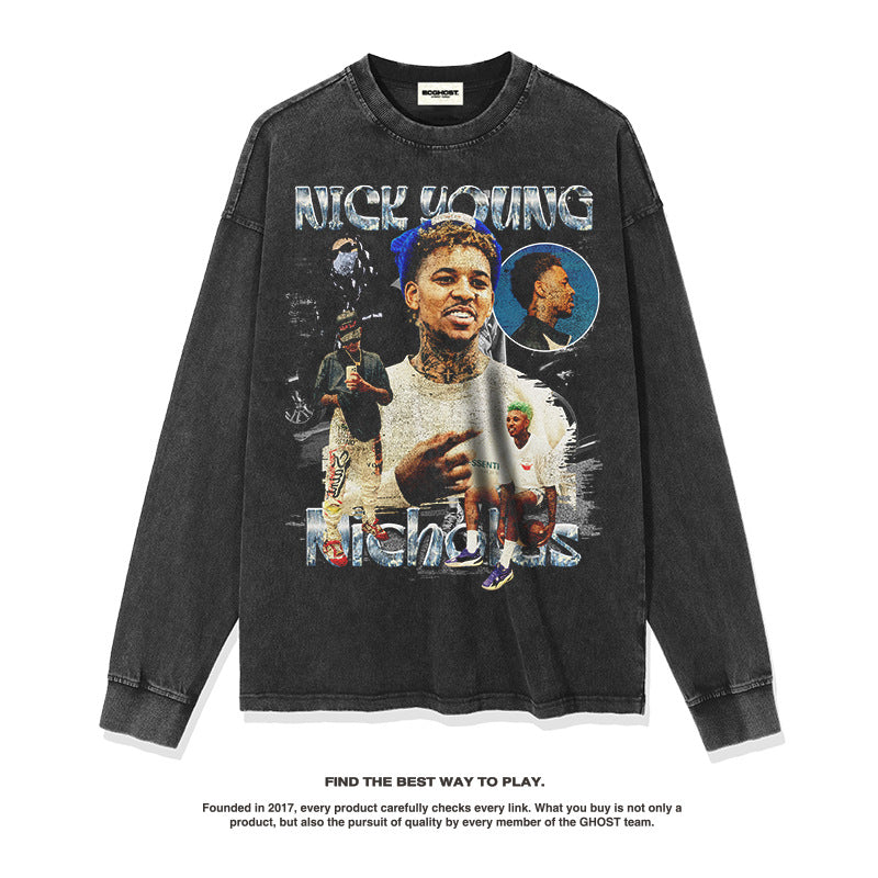 Nba Long Sleeve Shirt Washed Old Long Sleeve T-shirt High Street Pure Cotton