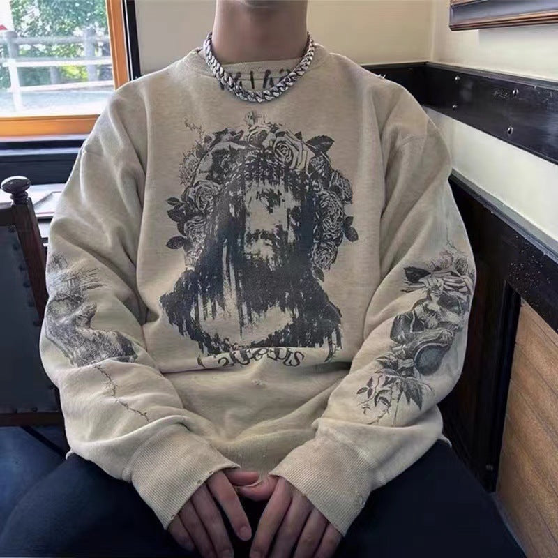 Jesus Is King Sweater Saintmichael Vintage Graffiti Destroyed Loose round Neck American Fog Sweater Men
