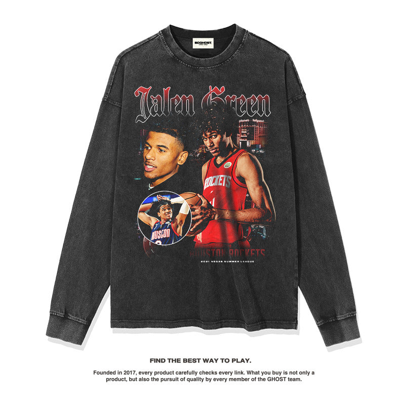 Nba Long Sleeve Shirt Autumn and Winter Jalen Green American Long Sleeve T-shirt Men and Women Pure Cotton Washed