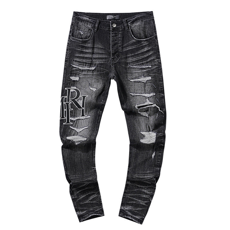 Amiri Jeans Spring and Autumn AMI Letter Ripped Straight Jeans Men and Women