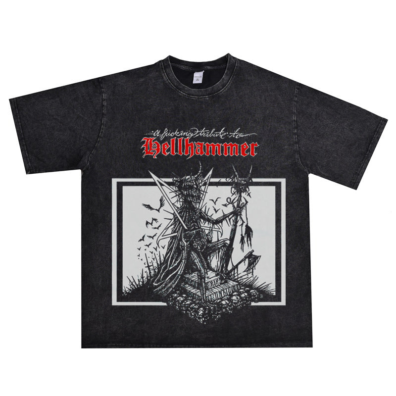Rock Star T Shirt Hell Hammer Band Washed Distressed T-shirt Short Sleeve Loose