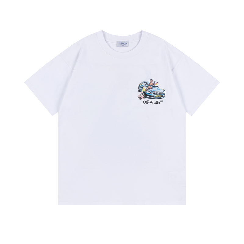 Off White T Shirts OW Angel Car Pattern Crew Neck Pullover Short Sleeves