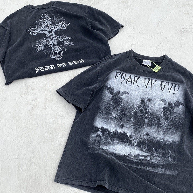 Men Vintage T-Shirts vintage Three Gods Judgment Redemption Short Sleeve FOG Washing Water Old Loose Casual