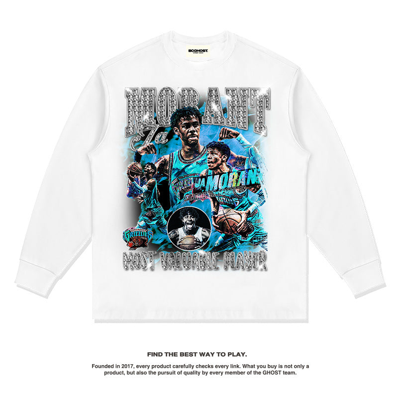 Nba Long Sleeve Shirt Autumn and Winter Morant Basketball Printed Long Sleeve T-shirt American Retro