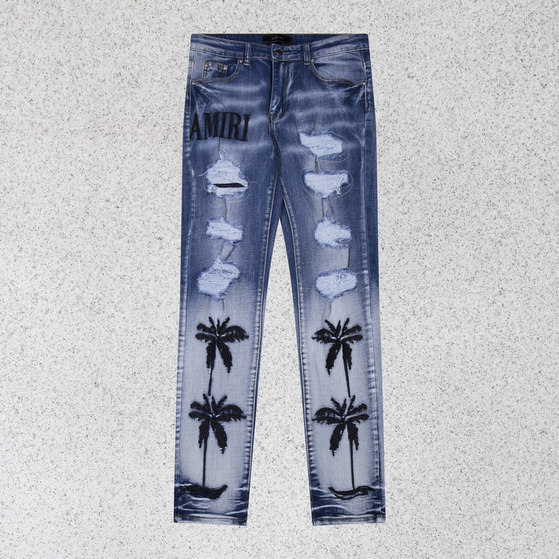 Amiri Jeans Coconut Embroidery Ripped Jeans