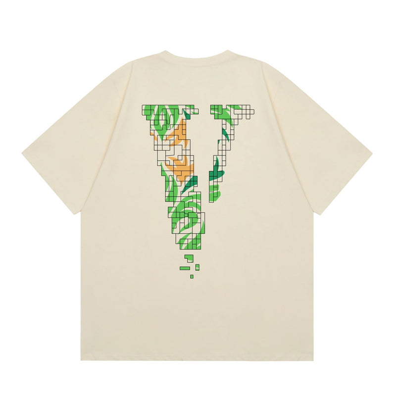 Vlone T Shirt Spring Summer Leaf Big V Pattern Crew Neck
