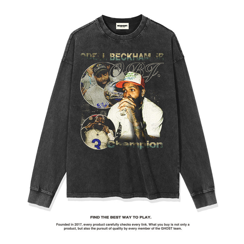 Nba Long Sleeve Shirt Obj American Street Vintage Printed Long Sleeve T-shirt Retro Loose Cotton