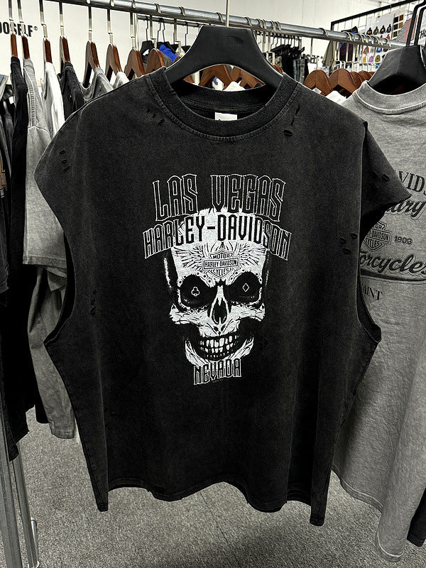Mens Vintage T-Shirts Skull Print Washed distressed vest