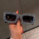 Trendy punk glasses rectangular sparkling diamond sunscreen uv protection