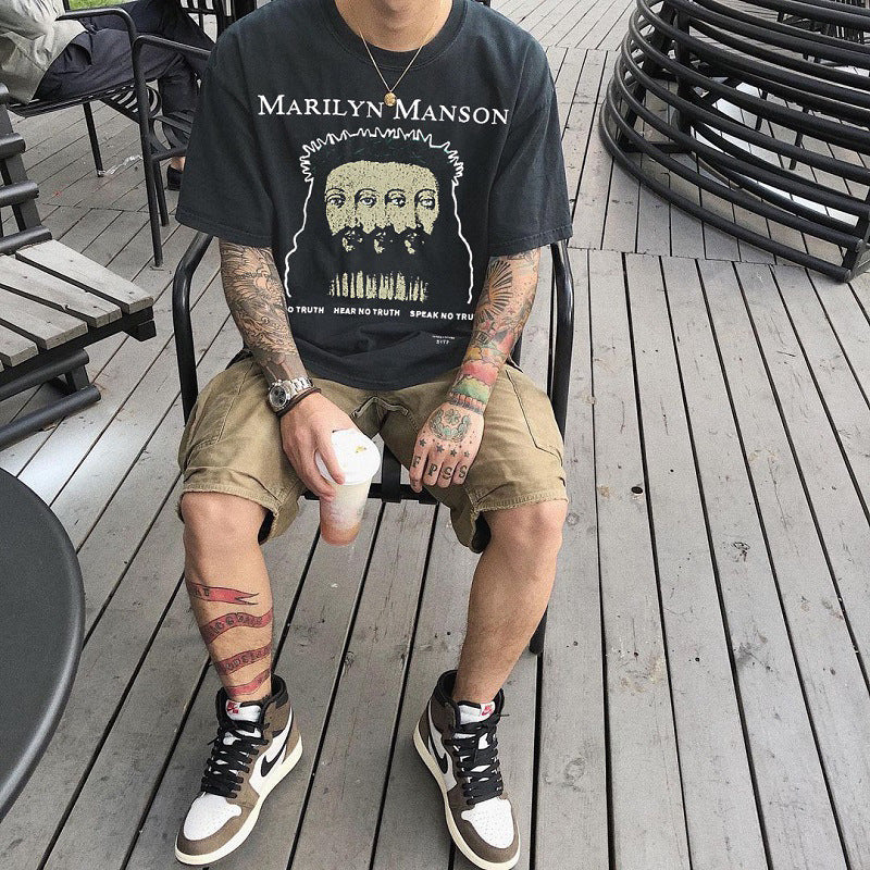 Marilyn Manson T Shirt Fog Trendy Loose Men's and Women's Short-Sleeved T-shirt