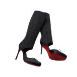 Louboutin-style red bottom shoes cl red bottom shoes knitting socks high heels women's satin square toe bows wear sleeve banquet high heels