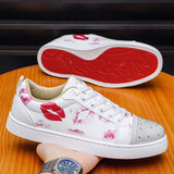 Louboutin-style red bottom shoes mencl lip print kiss mark red bottom casual shoes spiritual social hot diamond sneakers fashiontrendy men's white shoes nightclub
