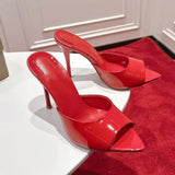 Louboutin-style red bottom shoes cmexport pointed toe cl high heels red super high heel women's stiletto open toe half drag red bottom sandals