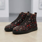 Louboutin-style red bottom shoes cl high-top men's shoes spring red and white splash ink punk studded shoes men's high-top sneakers trendy