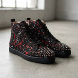 Louboutin-style red bottom shoes cl high-top men's shoes spring red and white splash ink punk studded shoes men's high-top sneakers trendy