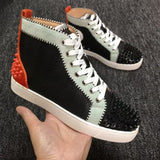 Louboutin-style red bottom shoes guangdong wintercl red bottom rivets high-top sneakers tie back round toe cow suede casual shoes