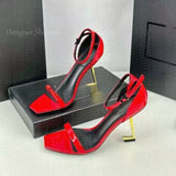 Louboutin-style red bottom shoes spring beautiful super high heel metal small square toe sandals sexy stiletto heel back empty french iron toe flats