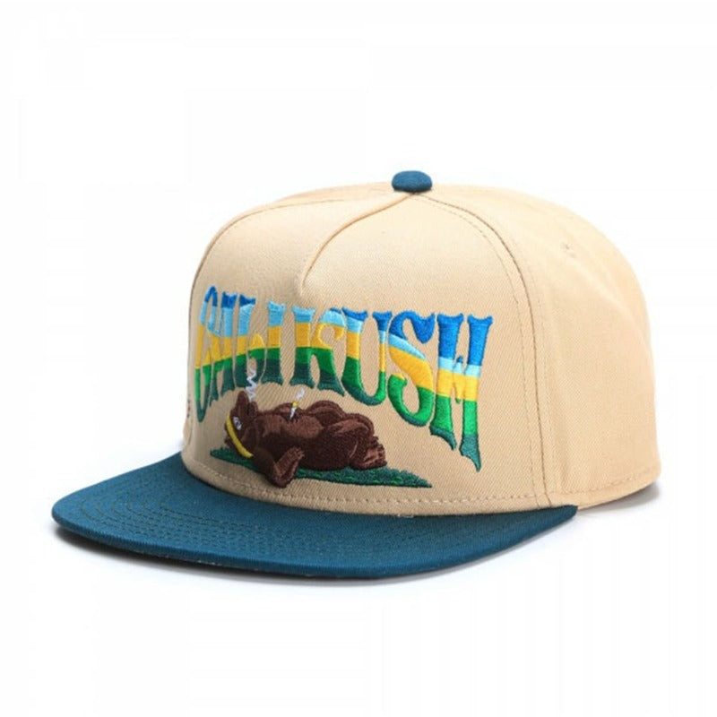 Trendy flat brimmed hat cartoon bear kushstock cap for men and women